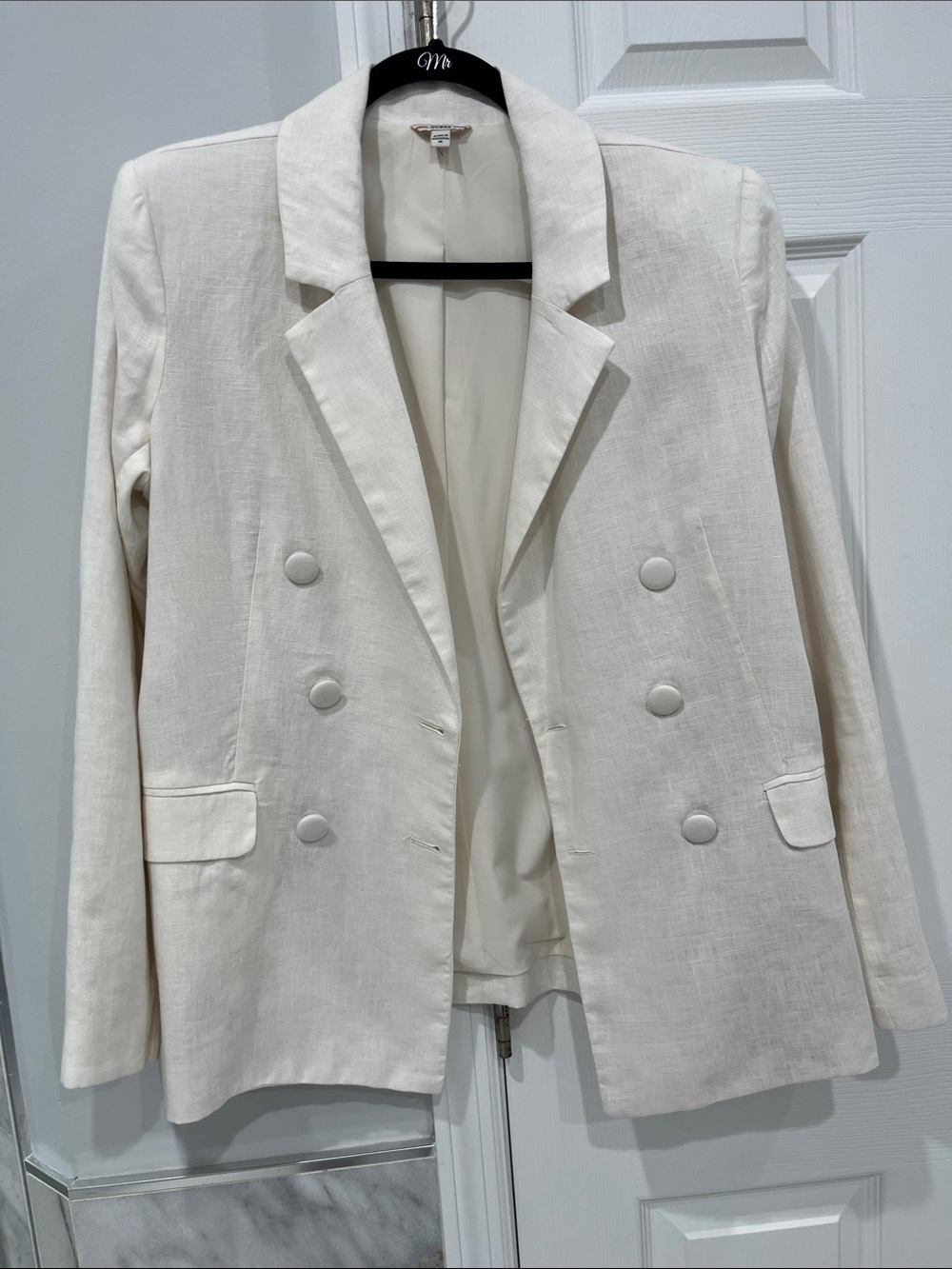 Guess Cream Double-Breasted Linen-Blend Blazer